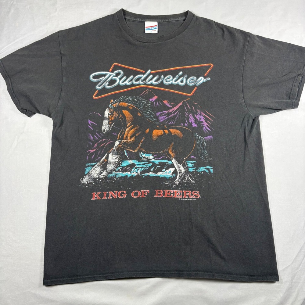 Junk Food Budweiser Clydesdale Horse Graphic T-Shirt Mens M Faded Black Retro